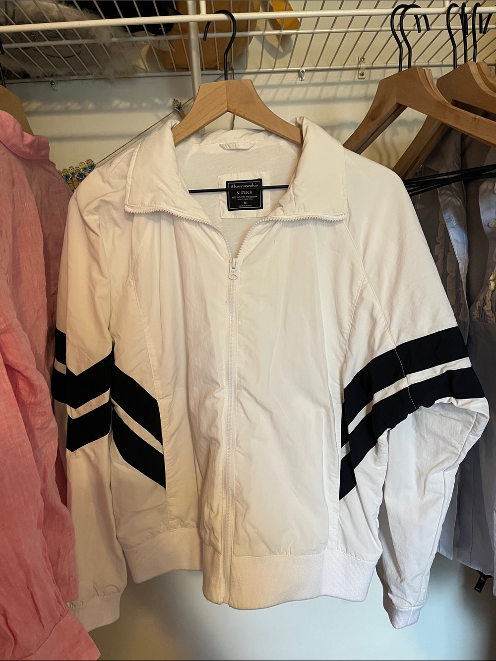 Abercrombie & Fitch White Zip-Front Bomber Jacket with Black Chevron Stripes